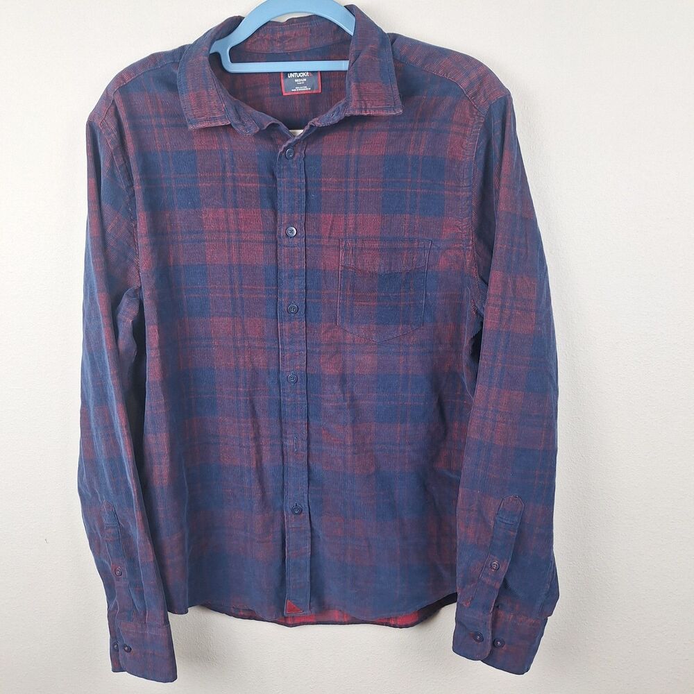 UNTUCKit Jaeger Corduroy Shirt Mens XL Slim Fit Burgundy Navy Plaid 42227
